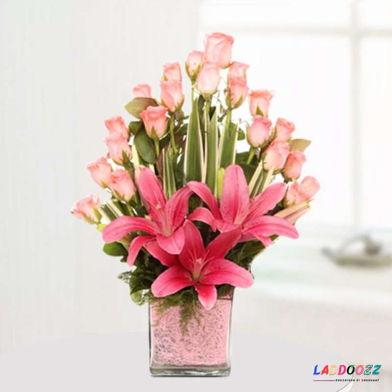 Vase of Pink Lily N Roses 